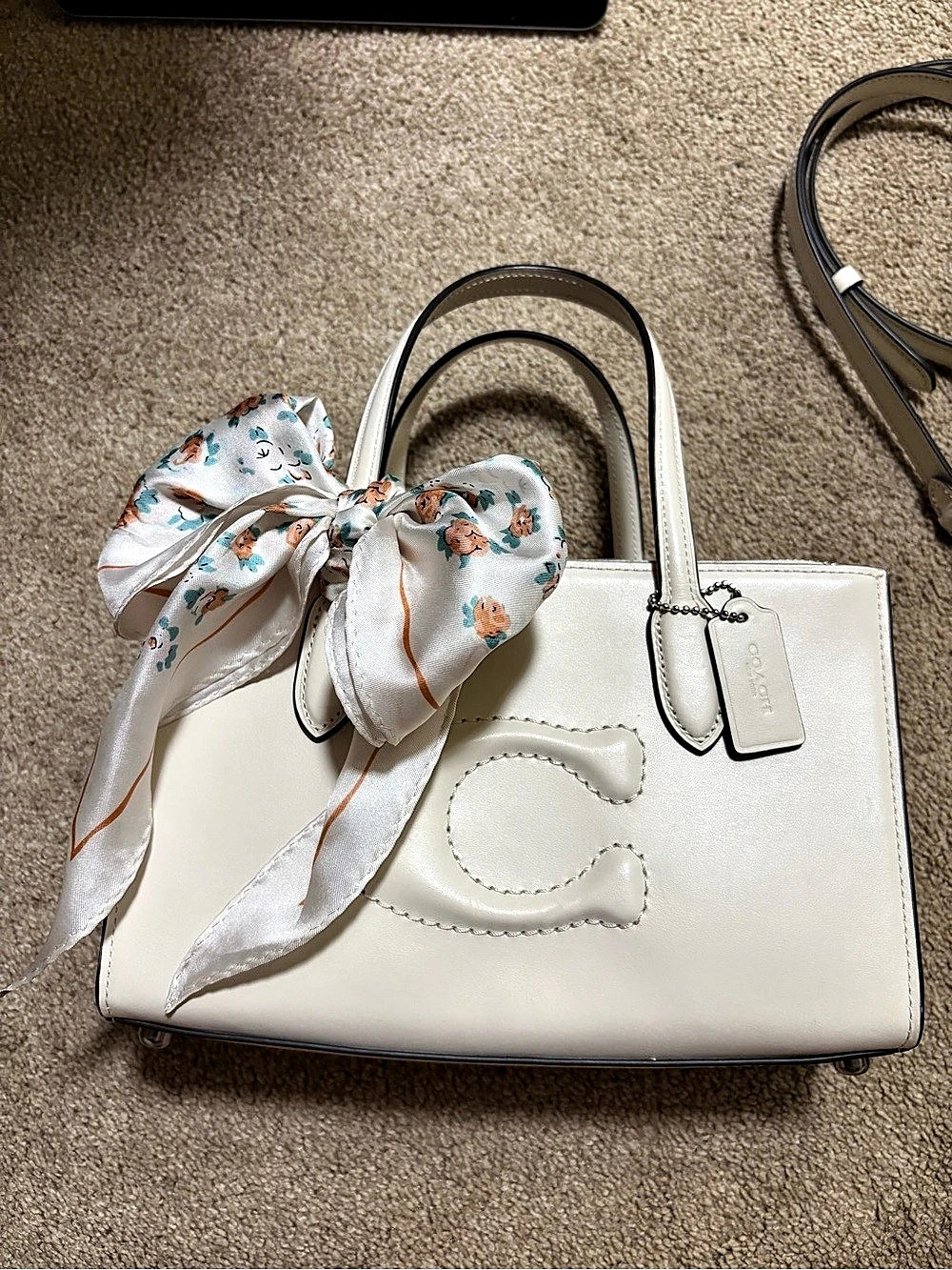 Coach Small  Tote White Shoulder Bag with Scarf